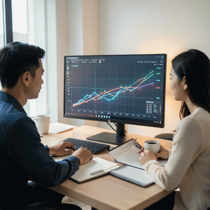 Pasangan profesional muda Indonesia menganalisis grafik pertumbuhan penjualan e-commerce di layar monitor, menunjukkan perencanaan bisnis yang sukses.