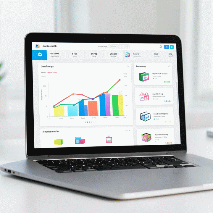 Tampilan dashboard Dashop dengan grafik tren penjualan dan ikon produk komisi tinggi, tanpa teks terbaca.