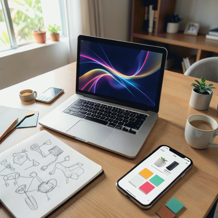 Meja kerja kreatif dengan laptop dan smartphone yang menunjukkan visual iklan digital yang dihasilkan AI, melambangkan peningkatan konten pemasaran DIY.