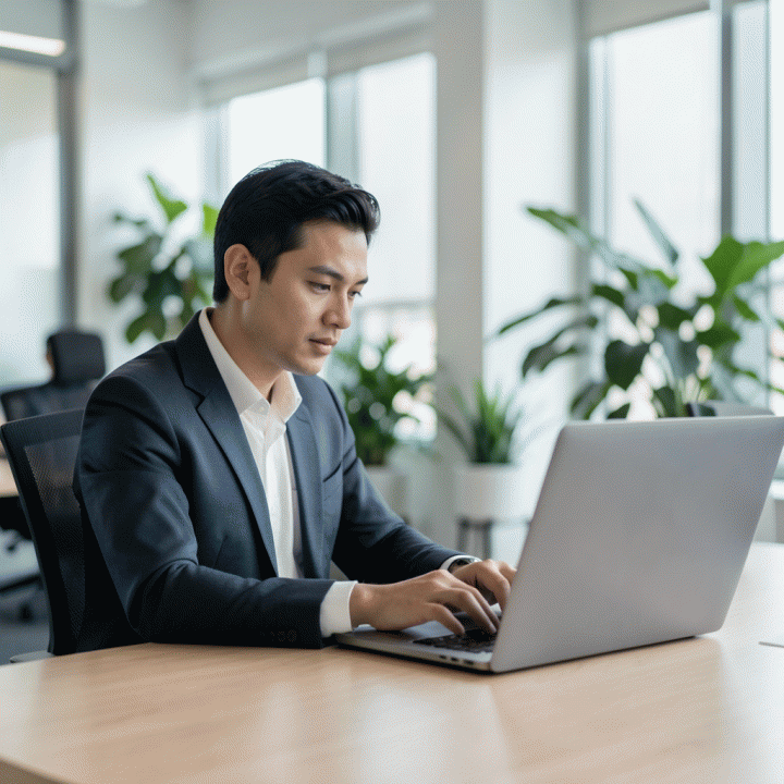 Seorang pekerja yang sangat fokus menggunakan laptop di kantor minimalis, menekankan konsentrasi tinggi.