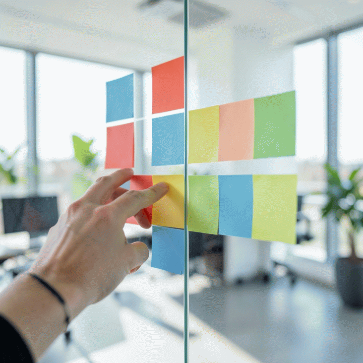 Tangan yang menempelkan sticky notes berwarna untuk mengatur prioritas tugas di dinding kaca.
