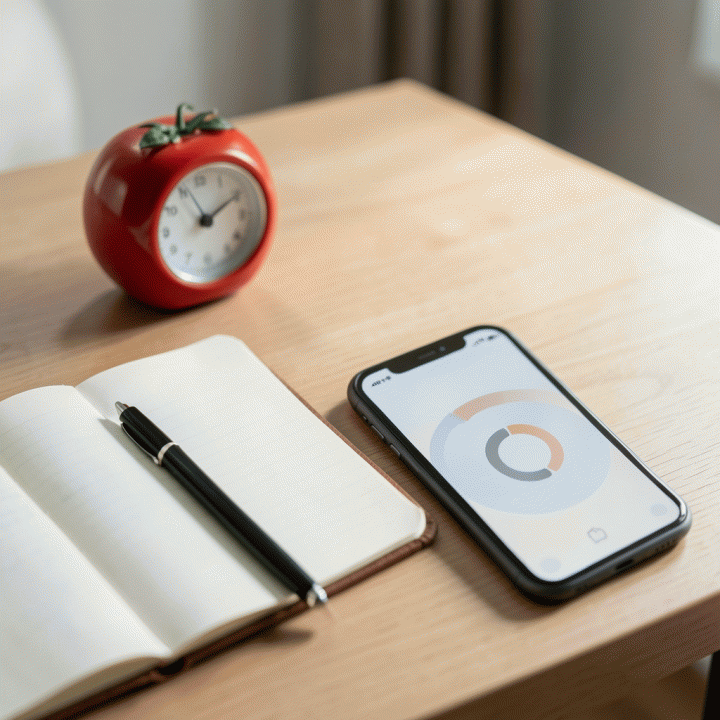 Timer berbentuk tomat di meja kerja minimalis, menggambarkan teknik Pomodoro.