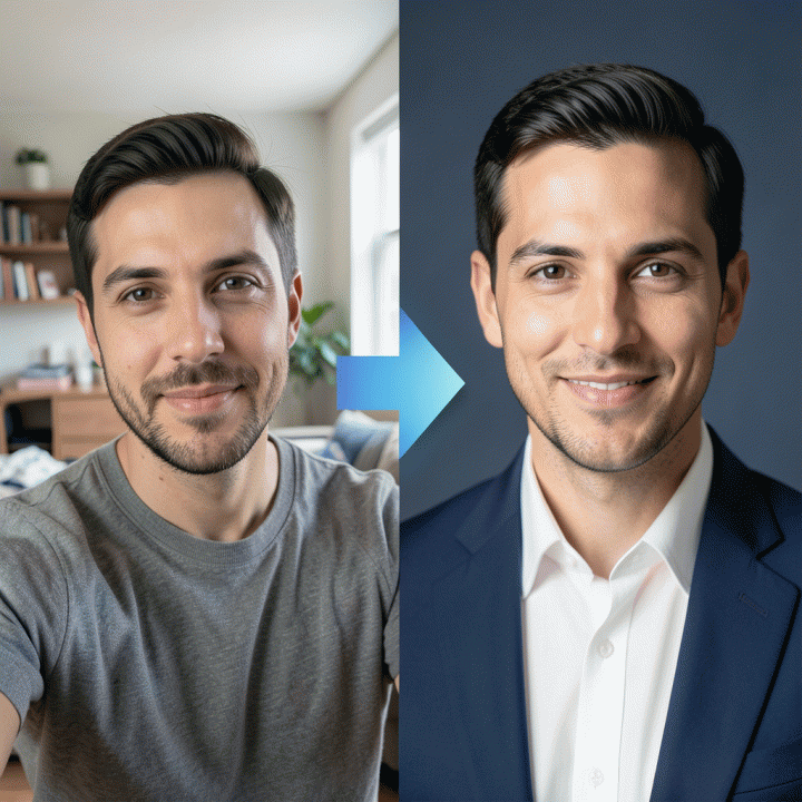 Visual perbandingan sebelum dan sesudah menggunakan AI: dari selfie kasual menjadi foto profil profesional yang siap digunakan untuk CV atau LinkedIn.