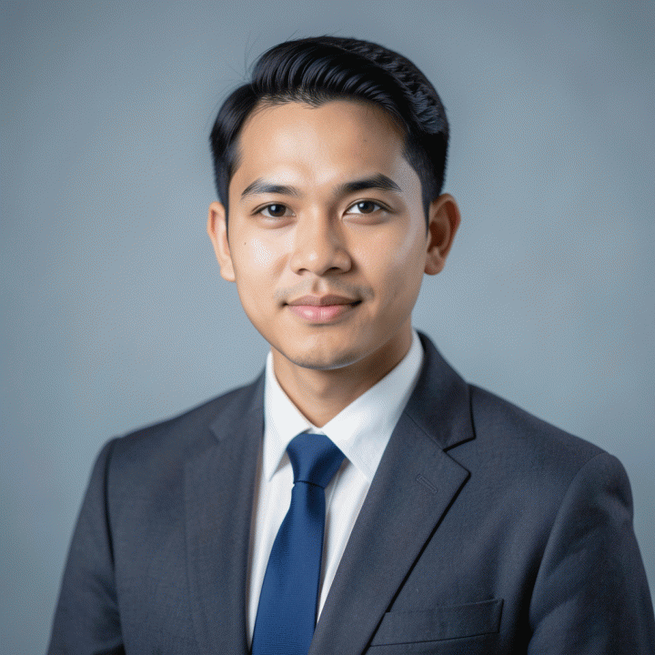 Foto profil profesional seorang profesional muda Indonesia dengan pakaian formal di studio modern, tampak percaya diri dan siap untuk CV atau LinkedIn.