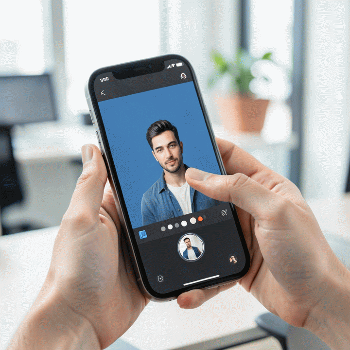 Tangan menggunakan smartphone untuk mengedit foto profil secara otomatis, menunjukkan kemudahan penggunaan AI untuk mendapatkan hasil profesional.