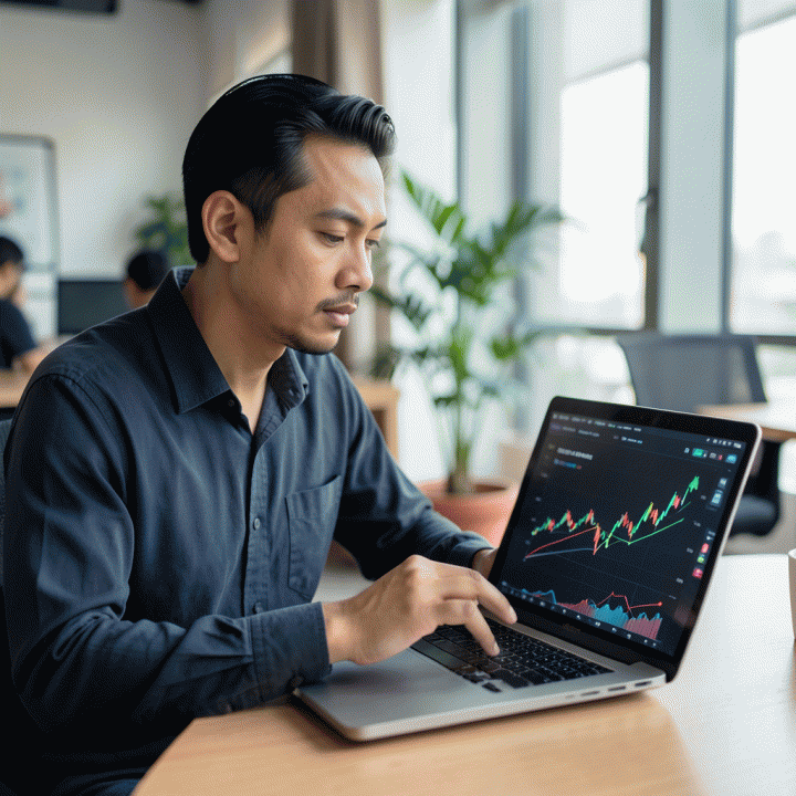 Seorang profesional Indonesia sedang menganalisis data penjualan dan tren pasar di laptop, melambangkan analisis bisnis digital yang sukses.