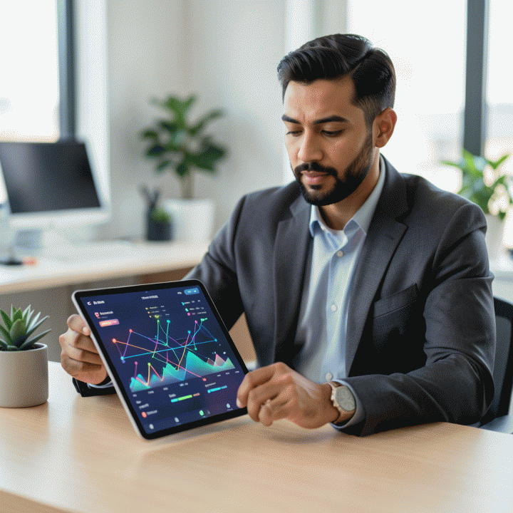 Seorang profesional di ruang kerja modern menggunakan tablet digital yang menampilkan dashboard terpadu dan terorganisir, melambangkan pengelolaan keuangan dan operasional bisnis yang efisien.
