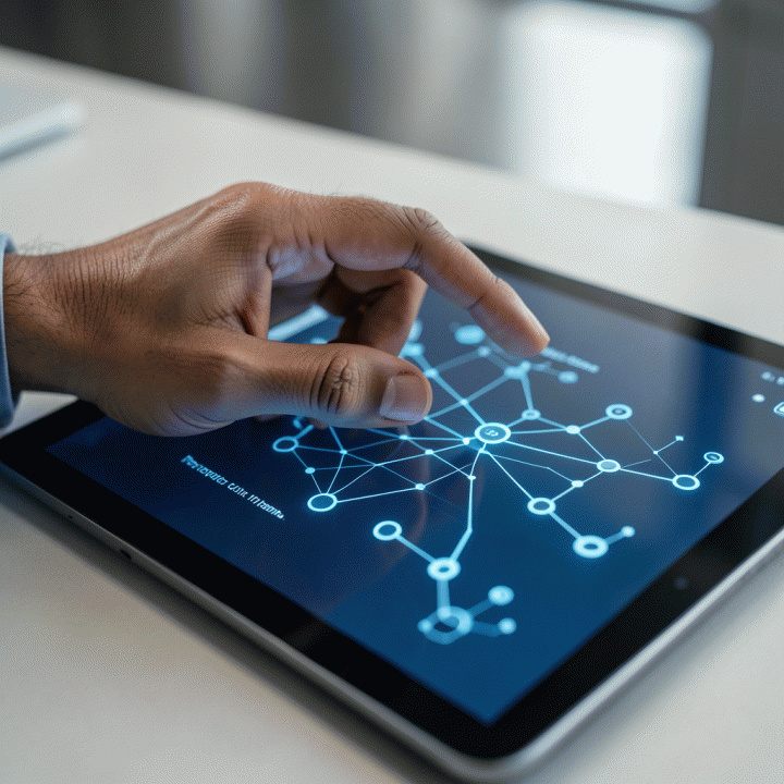 Tangan berinteraksi dengan tablet yang menampilkan visualisasi data operasional dan klien yang terhubung, menunjukkan pengelolaan alur kerja yang mudah.