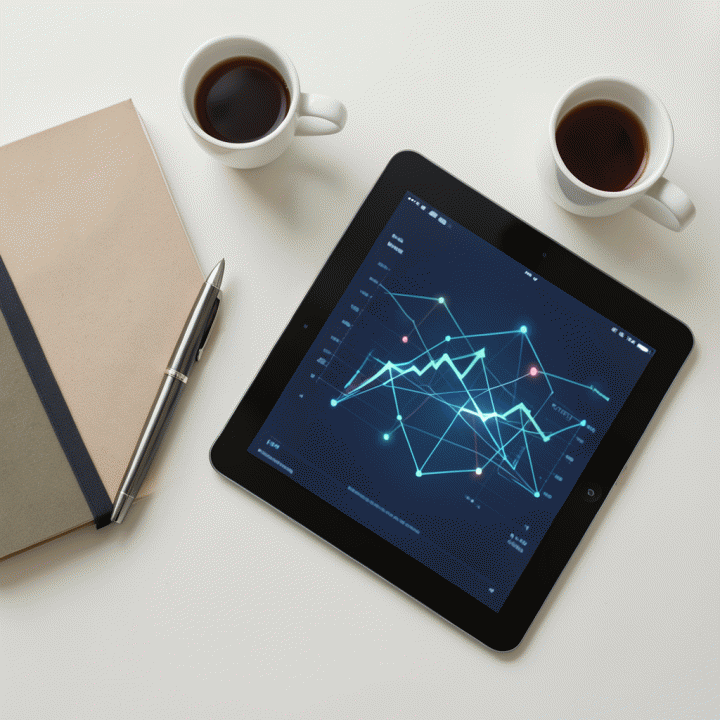 Tampilan datar (flat lay) dari meja kerja yang rapi dengan tablet yang menampilkan visualisasi data keuangan terpadu, melambangkan analisis profitabilitas.