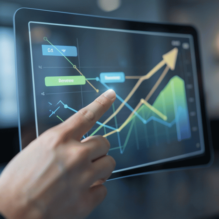 Visualisasi dashboard digital yang menunjukkan siklus bisnis otomatis, dari proyek hingga pendapatan, yang mudah dipahami.