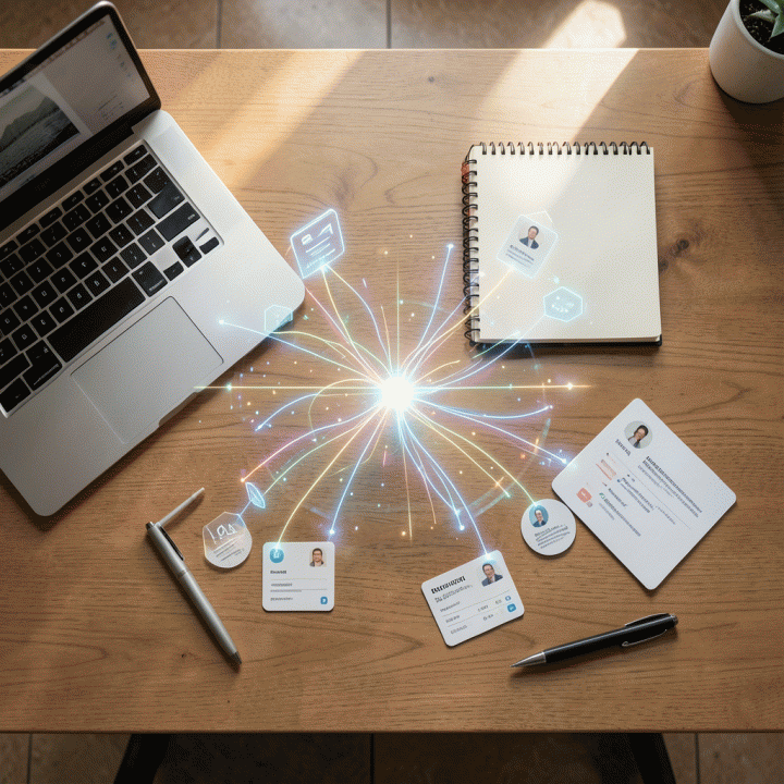 Komposisi meja kerja yang menunjukkan alat-alat fisik dan proyeksi data digital yang terintegrasi, menyatukan operasional dan keuangan.