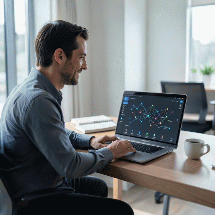 Seorang freelancer profesional di meja kerja modern yang fokus melihat dashboard digital yang menampilkan visualisasi terpadu antara manajemen proyek dan keuangan, melambangkan kontrol finansial bisnis.