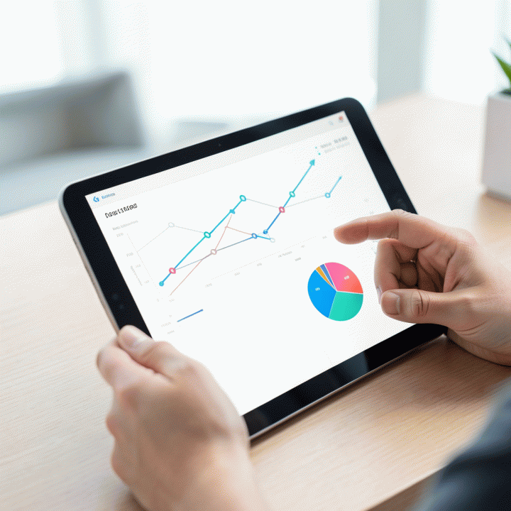Tangan profesional berinteraksi dengan tablet yang menampilkan dashboard terpadu yang menggabungkan visualisasi jadwal proyek dan grafik keuangan.