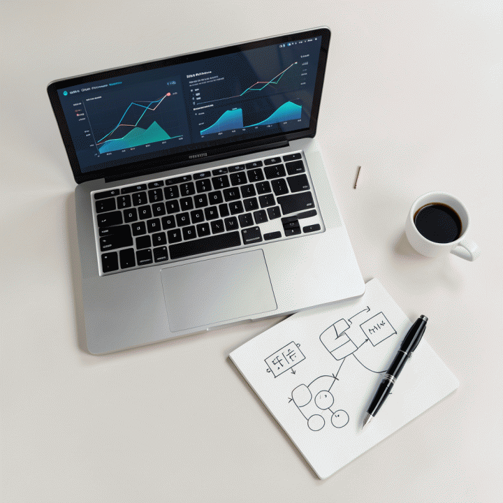 Komposisi flat lay yang menunjukkan peralatan kerja modern (laptop, buku catatan, pena) yang terhubung secara visual, melambangkan efisiensi alur kerja bisnis terpadu.