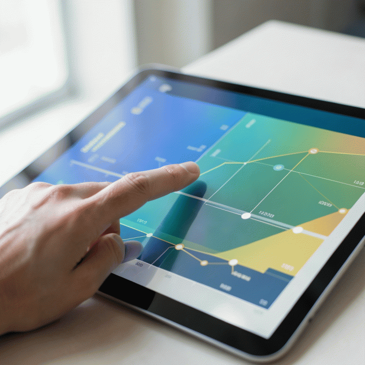Detail tangan berinteraksi dengan tablet yang menampilkan dasbor keuangan dan operasional yang abstrak, menunjukkan peningkatan profitabilitas dan pengelolaan proyek yang terstruktur.
