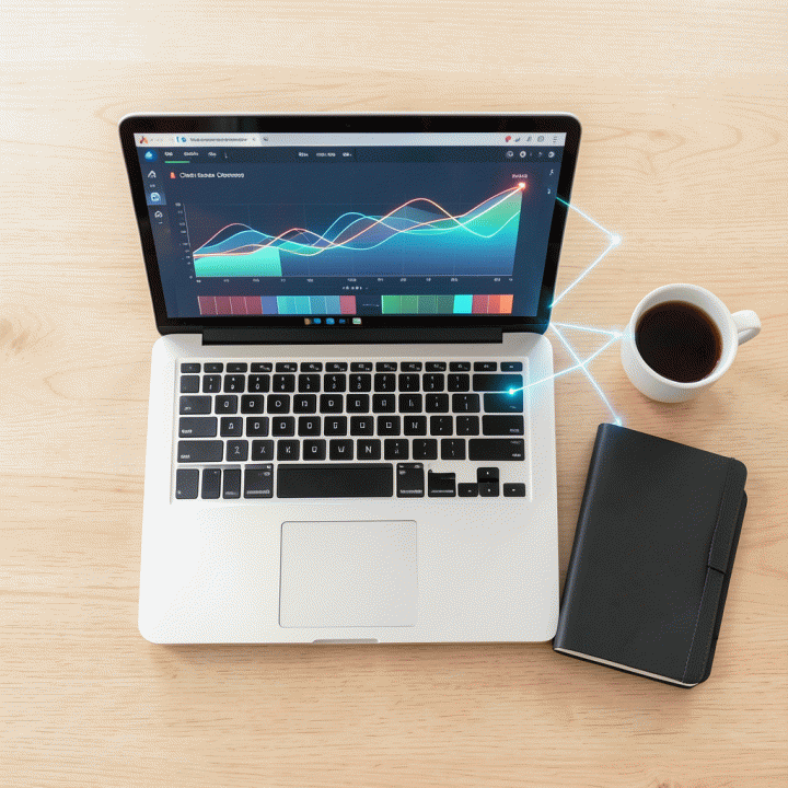 Tampilan atas meja kerja yang rapi, menampilkan laptop dengan grafik pertumbuhan bisnis dan elemen-elemen yang melambangkan integrasi antara pekerjaan kreatif dan pelacakan keuangan.