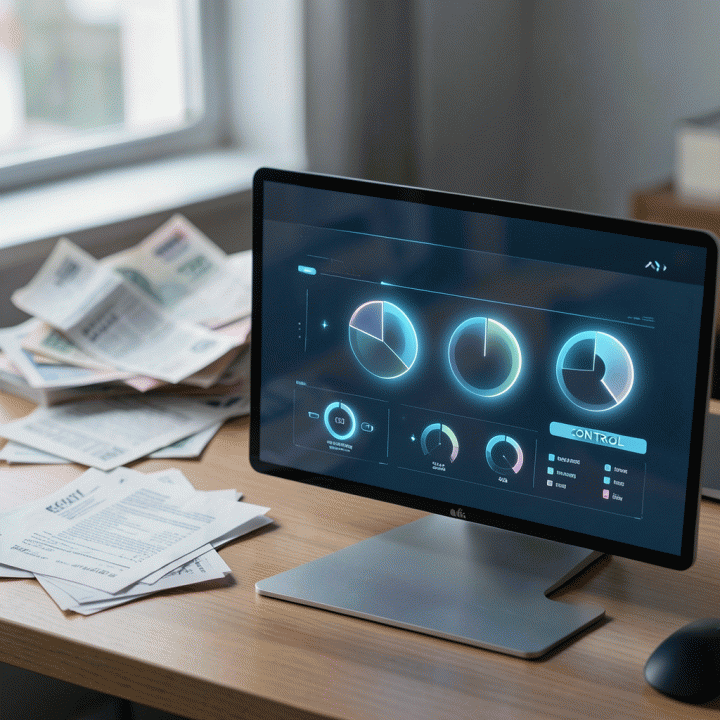 Kontras antara tumpukan kertas keuangan yang berantakan dengan dashboard digital yang bersih dan terorganisir, melambangkan solusi pengelolaan keuangan terpadu.