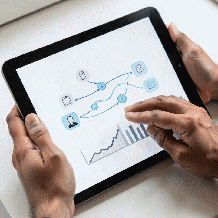 Visualisasi digital yang menunjukkan aliran kerja bisnis yang terintegrasi, dari proyek hingga pembayaran, tanpa teks yang terbaca.