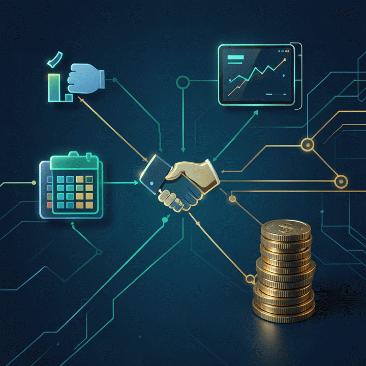 Visualisasi konseptual aliran data digital yang menghubungkan akuisisi klien, operasional, hingga pendapatan, melambangkan otomatisasi bisnis.
