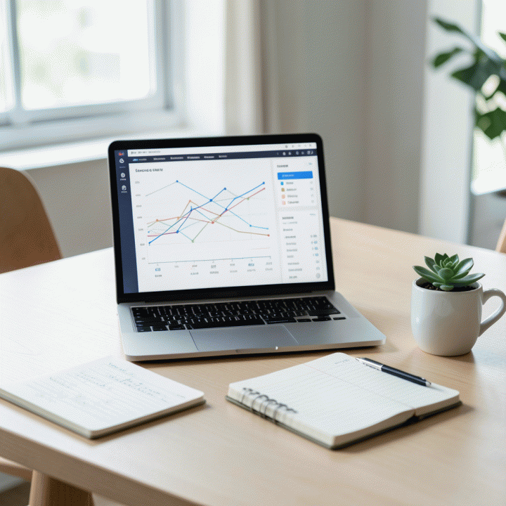 Tampilan meja kerja modern dan profesional dengan laptop yang menampilkan dashboard keuangan dan operasional bisnis yang terintegrasi, melambangkan pengelolaan keuangan dan proyek yang terpadu.