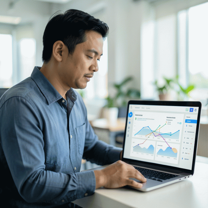 Freelancer profesional sedang melihat dashboard terpadu di laptop, menunjukkan kontrol penuh atas keuangan dan operasional bisnis.