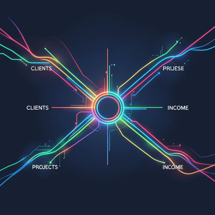 Diagram visual abstrak yang menunjukkan aliran data proyek, klien, dan pendapatan yang masuk ke satu pusat kendali terpadu.