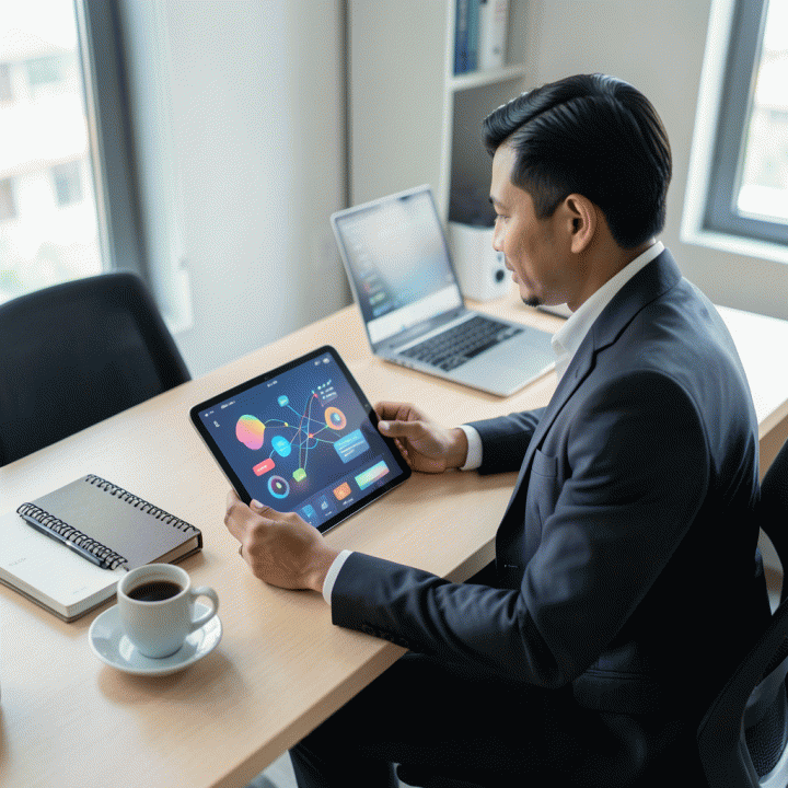 Seorang profesional muda Indonesia bekerja di meja kerja modern dengan tablet yang menampilkan dasbor manajemen keuangan dan operasional yang terintegrasi, melambangkan pengelolaan bisnis yang terpadu.