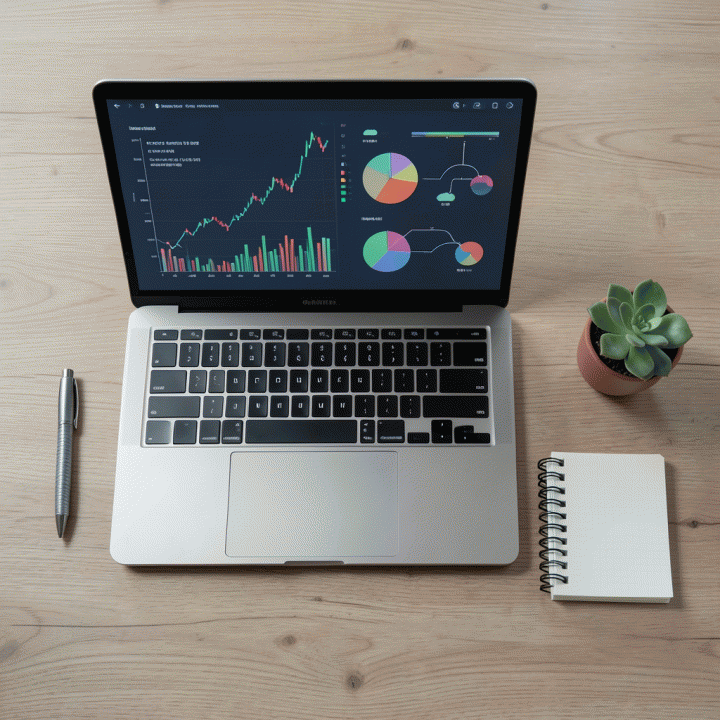 Tata letak alat kerja bisnis yang terorganisir, termasuk laptop dengan visualisasi data keuangan, menunjukkan manajemen operasional yang terstruktur.