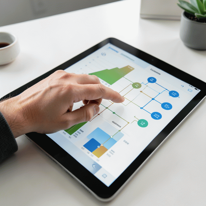 Tangan yang sedang berinteraksi dengan dashboard digital yang menampilkan alur kerja bisnis yang terpadu, menunjukkan pengelolaan proyek dan keuangan secara terpusat.