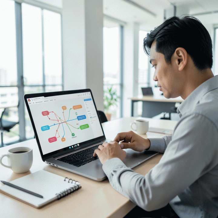 Seorang profesional freelance Indonesia yang fokus mengelola data operasional dan keuangan bisnisnya secara terpadu di laptop modern, melambangkan efisiensi dan kendali bisnis.