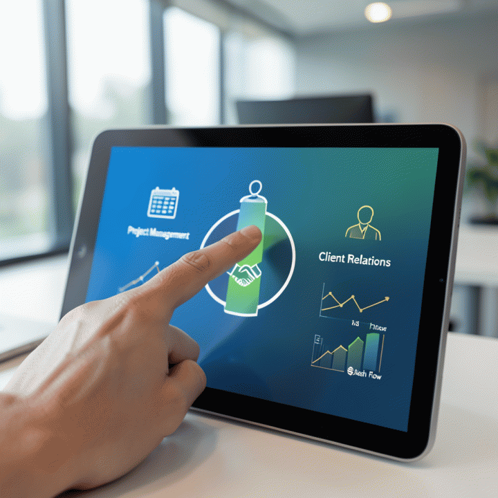 Visualisasi dashboard digital yang mengintegrasikan manajemen proyek, klien, dan keuangan dalam satu tampilan, menunjukkan kemudahan operasional.