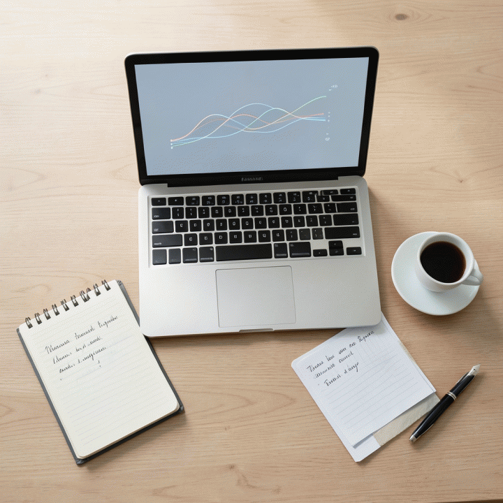 Tata letak meja kerja yang terorganisir dengan laptop menampilkan visualisasi data, melambangkan pengelolaan bisnis yang terstruktur.