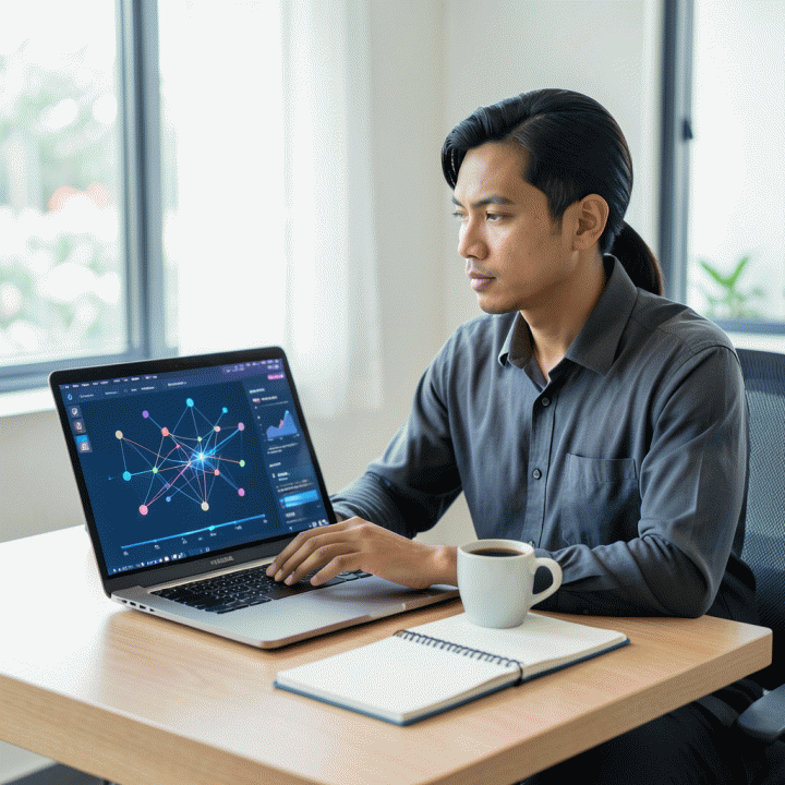 Seorang freelancer profesional di meja kerja modern yang terorganisir, menggunakan laptop yang menampilkan dasbor data keuangan dan operasional yang bersih dan abstrak, melambangkan manajemen bisnis yang terintegrasi.