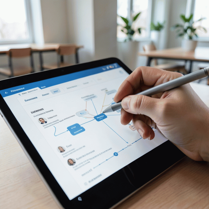 Tangan menggunakan tablet untuk mengelola proyek klien dan jadwal kerja secara visual, menunjukkan kemudahan penggunaan platform digital.