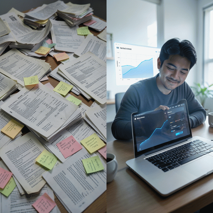 Visualisasi perbandingan antara kekacauan data keuangan fisik dengan kerapian dasbor digital terpadu, menunjukkan solusi manajemen keuangan yang bersih.