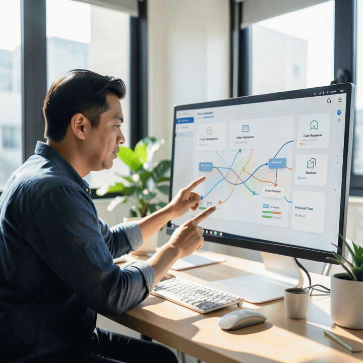 Seorang freelancer profesional di ruang kerja modern yang menggunakan dashboard digital terpadu untuk mengelola keuangan dan operasional bisnis dengan terlihat teratur dan terkontrol.