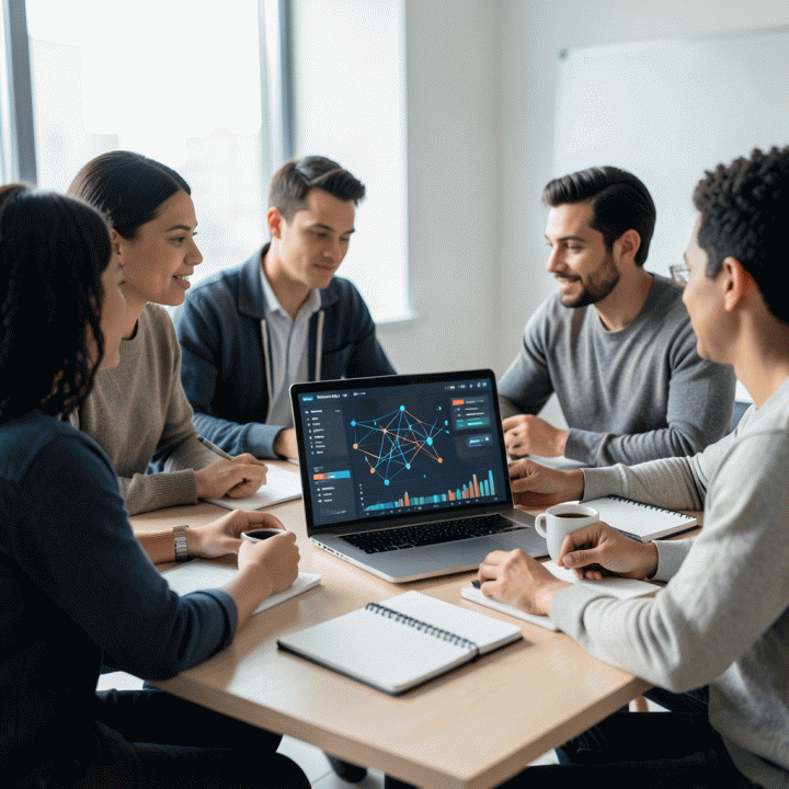 Freelancer profesional yang bekerja di meja co-working modern, berinteraksi dengan dashboard digital yang menampilkan visualisasi data keuangan dan operasional yang terpadu, menunjukkan manajemen bisnis yang terstruktur.
