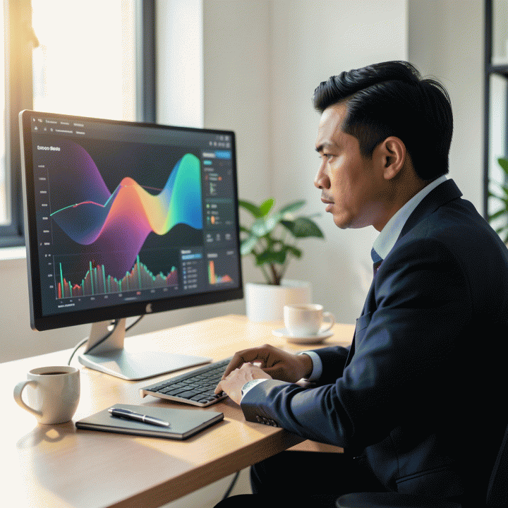 Seorang freelancer profesional bekerja di ruang kerja modern yang rapi, berinteraksi dengan dashboard digital yang terintegrasi untuk mengelola keuangan dan operasional bisnisnya secara terpusat.