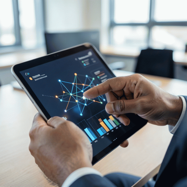 Tangan profesional menggunakan tablet untuk melihat dashboard data terintegrasi yang menunjukkan aliran keuangan dan proyek yang terstruktur.