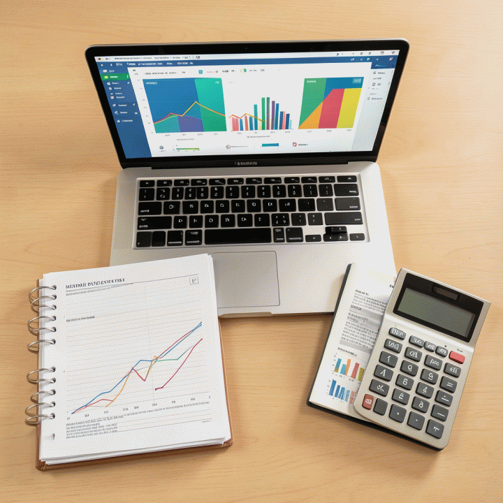 Tampilan atas meja kerja yang rapi, menunjukkan laptop dan peralatan kantor yang terorganisir, melambangkan manajemen data yang terstruktur.