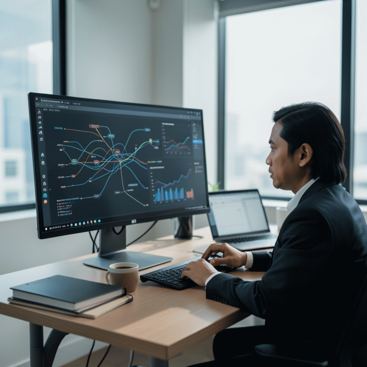 Profesional Indonesia yang bekerja di meja modern, mengelola data keuangan dan operasional bisnis yang terintegrasi pada layar digital, melambangkan kendali dan peningkatan profitabilitas.