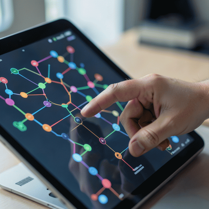 Tangan yang berinteraksi dengan antarmuka digital yang menampilkan pola logika dan pemecahan masalah.