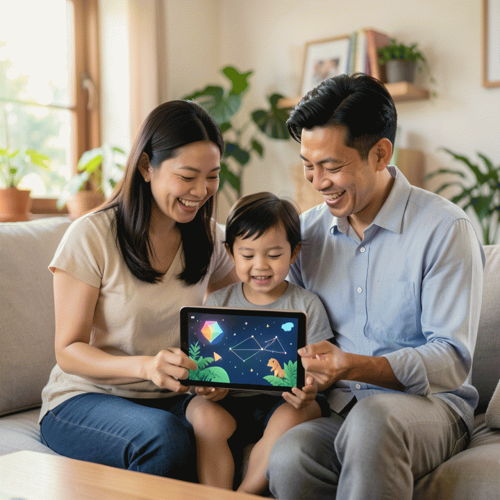 Keluarga Indonesia yang bahagia menggunakan tablet AI untuk menciptakan materi belajar yang interaktif dan berkualitas untuk anak mereka di rumah.