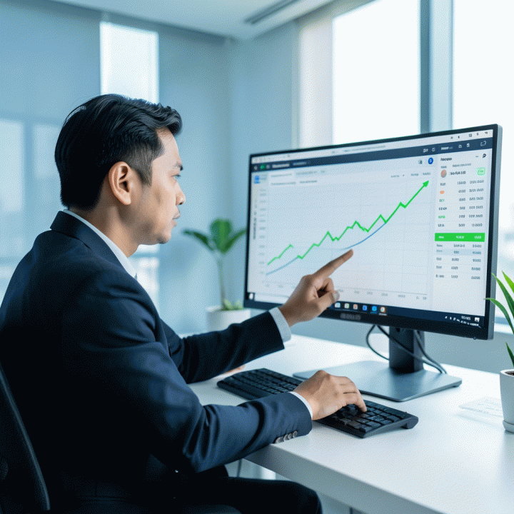 Seorang Performance Marketer di depan dashboard data iklan yang menunjukkan peningkatan ROI yang signifikan, melambangkan keberhasilan analisis data menjadi insight marketing.