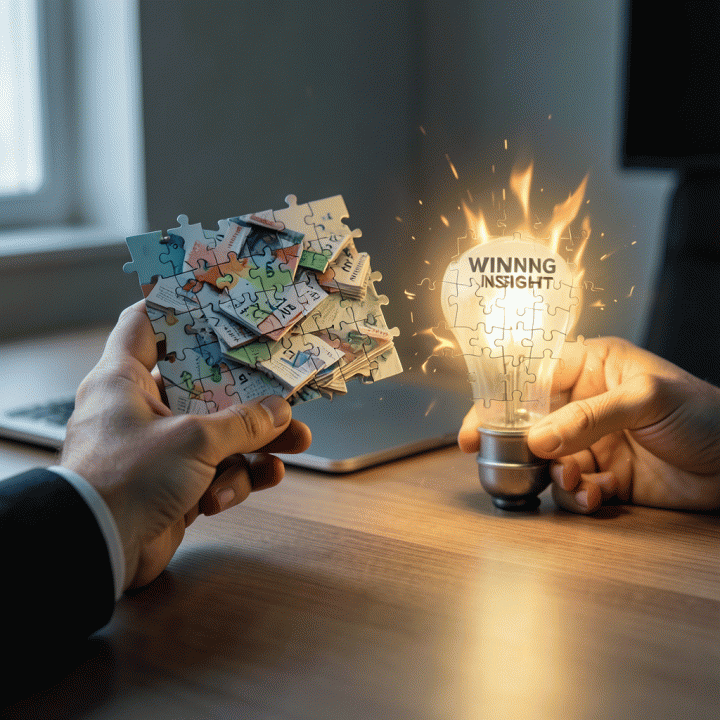 Simbolis, menunjukkan proses mengubah tumpukan data acak yang berantakan menjadi sebuah ide atau insight pemasaran yang jelas dan bernilai.