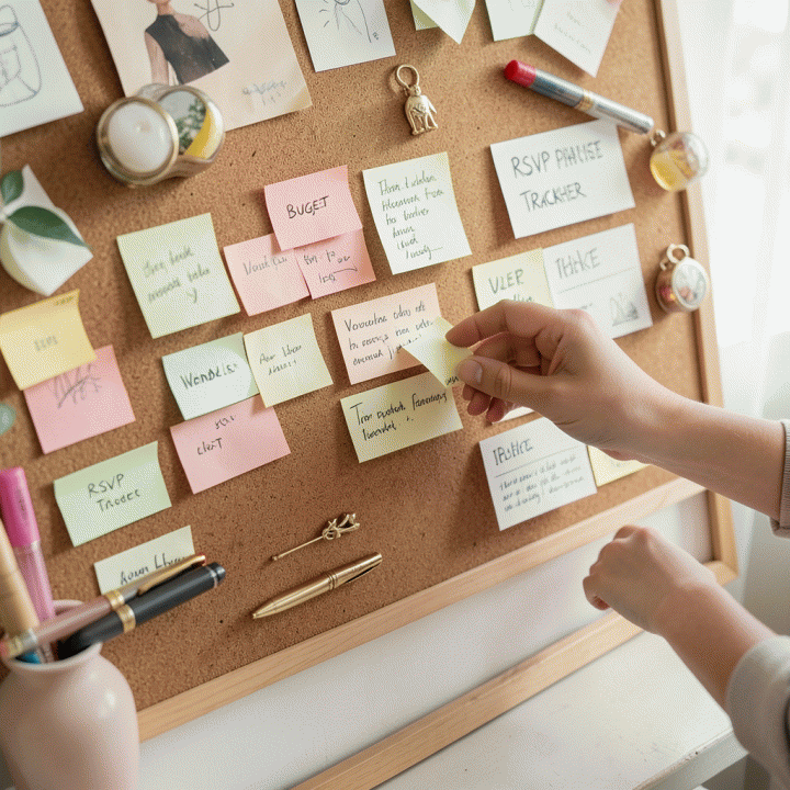 Sepasang tangan sedang menata catatan dan daftar vendor pada papan mood board besar yang terorganisir untuk perencanaan pernikahan.