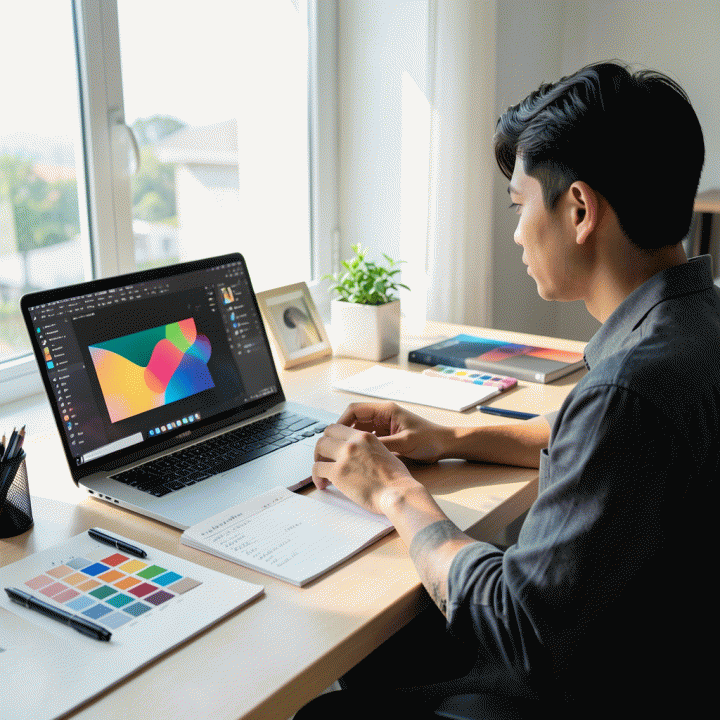 Seorang content creator profesional di meja kerja modern yang rapi, dikelilingi oleh checklist, laptop dengan interface desain abstrak, dan alat-alat kreatif lainnya, melambangkan persiapan konten visual yang terstruktur.