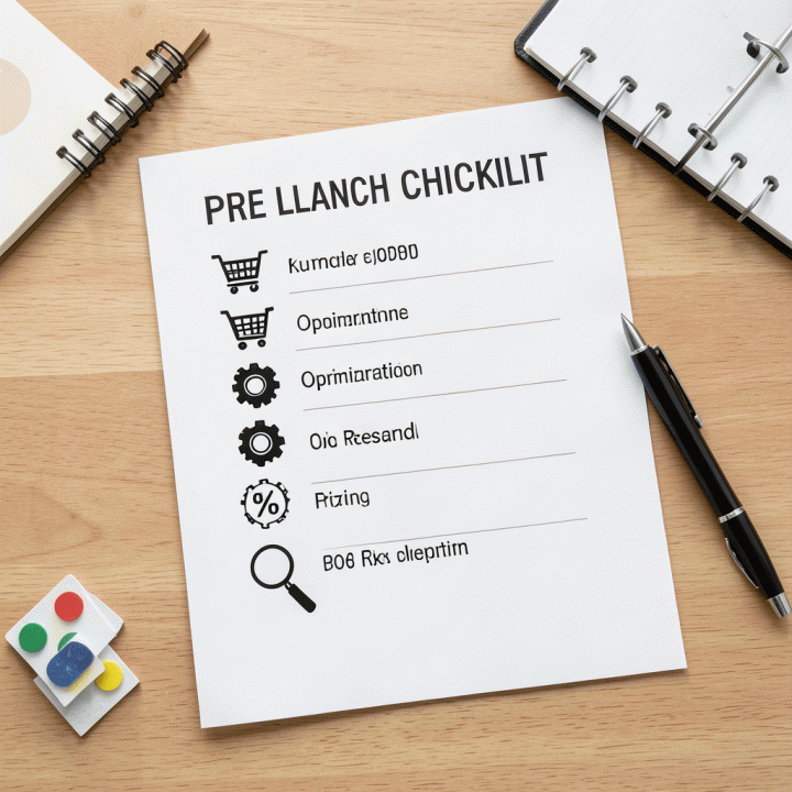 Checklist persiapan bisnis yang tersusun rapi di atas meja, menampilkan ikon-ikon penting untuk kelengkapan pra-peluncuran.