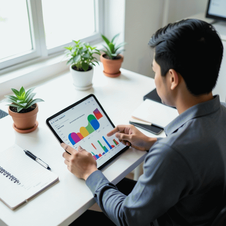 Seorang pengusaha muda Indonesia yang profesional sedang meninjau data analitik e-commerce di tablet modern, menunjukkan persiapan strategis untuk memulai bisnis online.