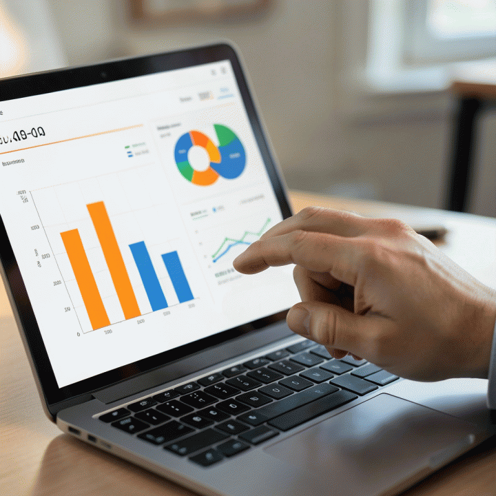Tangan menganalisis dashboard analitik bisnis abstrak di layar laptop, menekankan data dan perencanaan strategis.